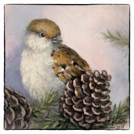 Kerstkaart Musje met dennenappel, kunstkaart van schilderij Atelier for Hope Doetinchem