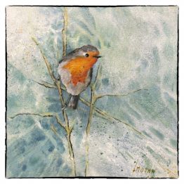 Kunstkaart kerstkaarten schilderij roodborstje op Tak Atelier for Hope Doetinchem