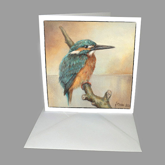 Bijzondere kaarten van schilderijen, kaart of kerstkaart IJsvogel op een wintermorgen. Atelier for Hope Kunstkaarten